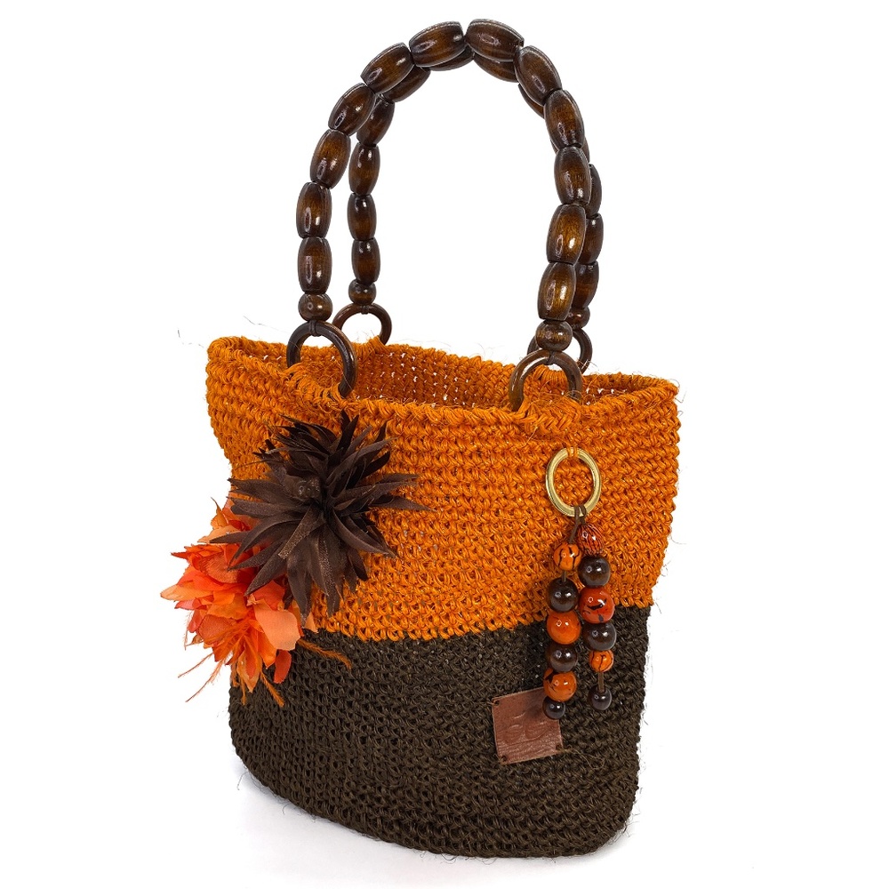 Jackyco Fashion Handwoven Handbag in Fique Raffia Palm | Couture | Brown/Orange